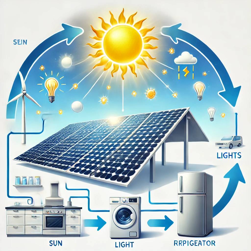 A bright day scene with solar panels capturing sunlight. Arrows flow from the sun to the solar panels, and then to household appliances like lights an