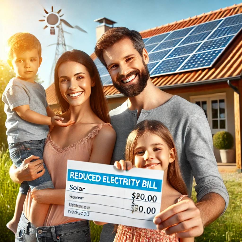 A happy family standing beside their house with solar panels on the roof, holding a reduced electricity bill. The sun is shining brightly, and the fam