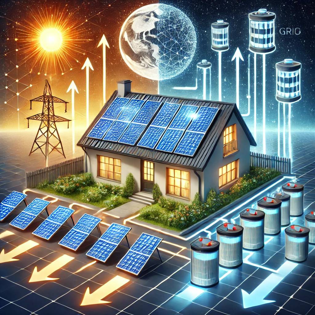 A hybrid solar system showing both solar batteries and a grid connection for a house. The image illustrates daytime storage in batteries and nighttime