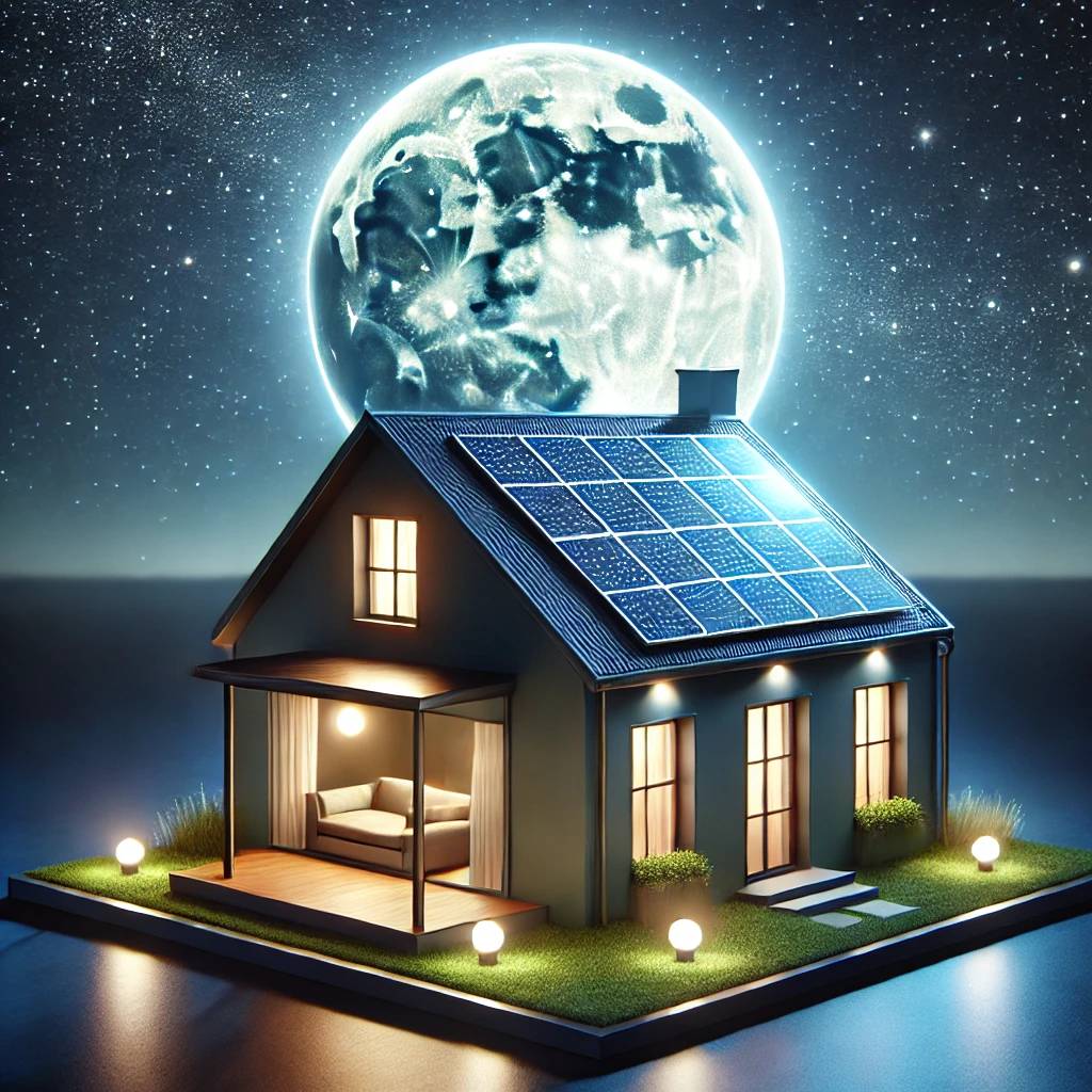 A night scene showing a house with solar panels on the roof, with subtle lighting inside the house, symbolizing the ongoing benefit of solar energy ev