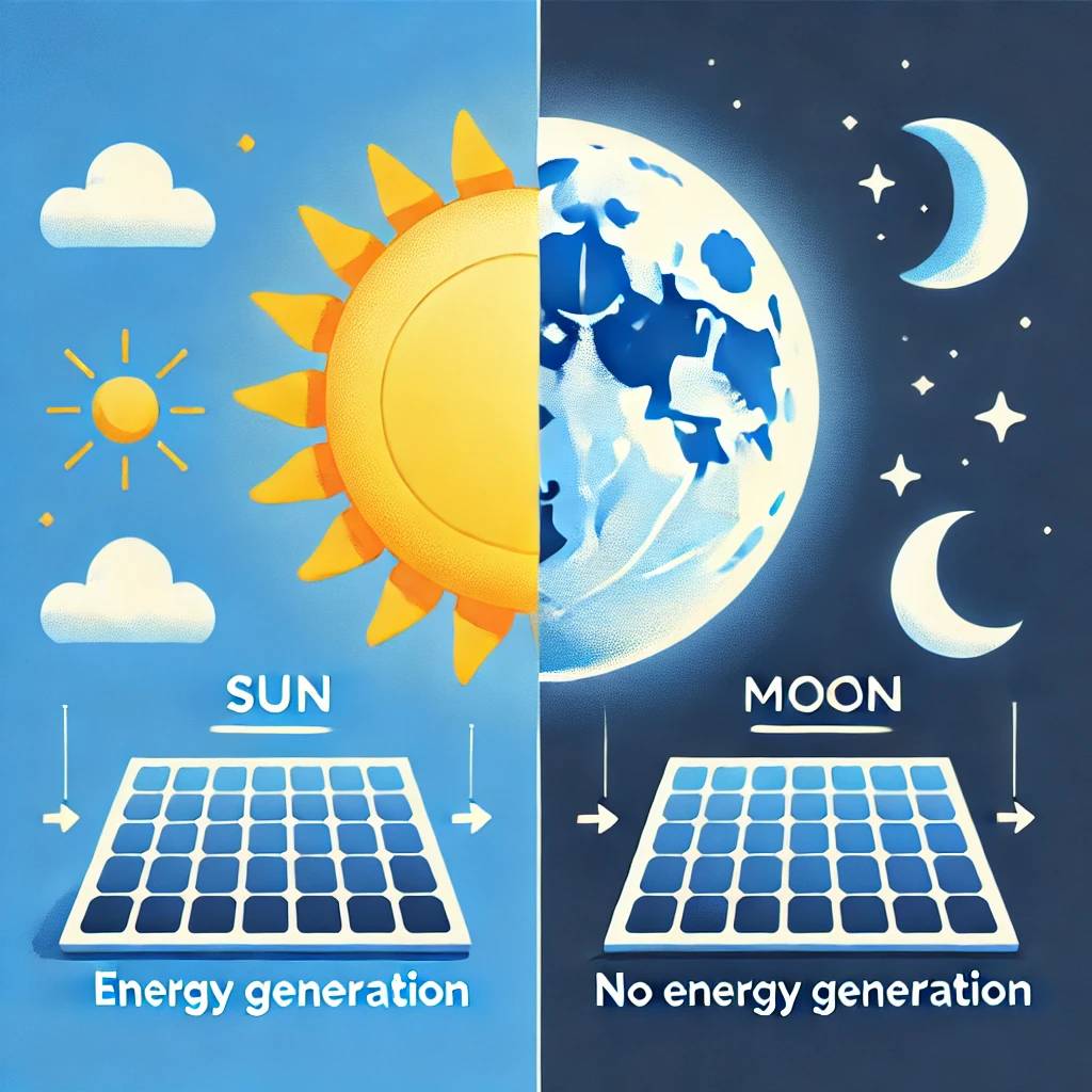 A simple visual showing the sun and moon side by side, with solar panels under each. Under the sun, an arrow showing energy generation and under the m