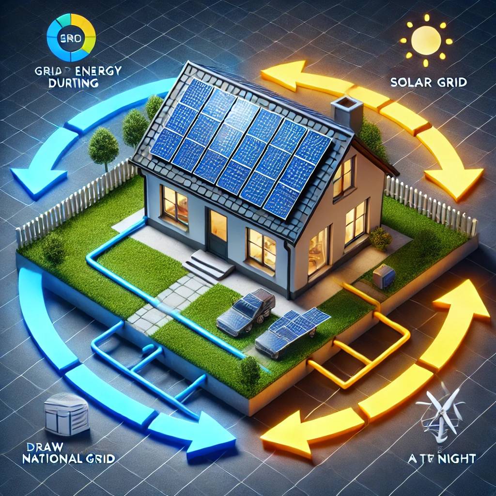 A visual showing a house connected to both solar panels and the national grid. Arrows flow from the solar panels during the day to the grid, and then