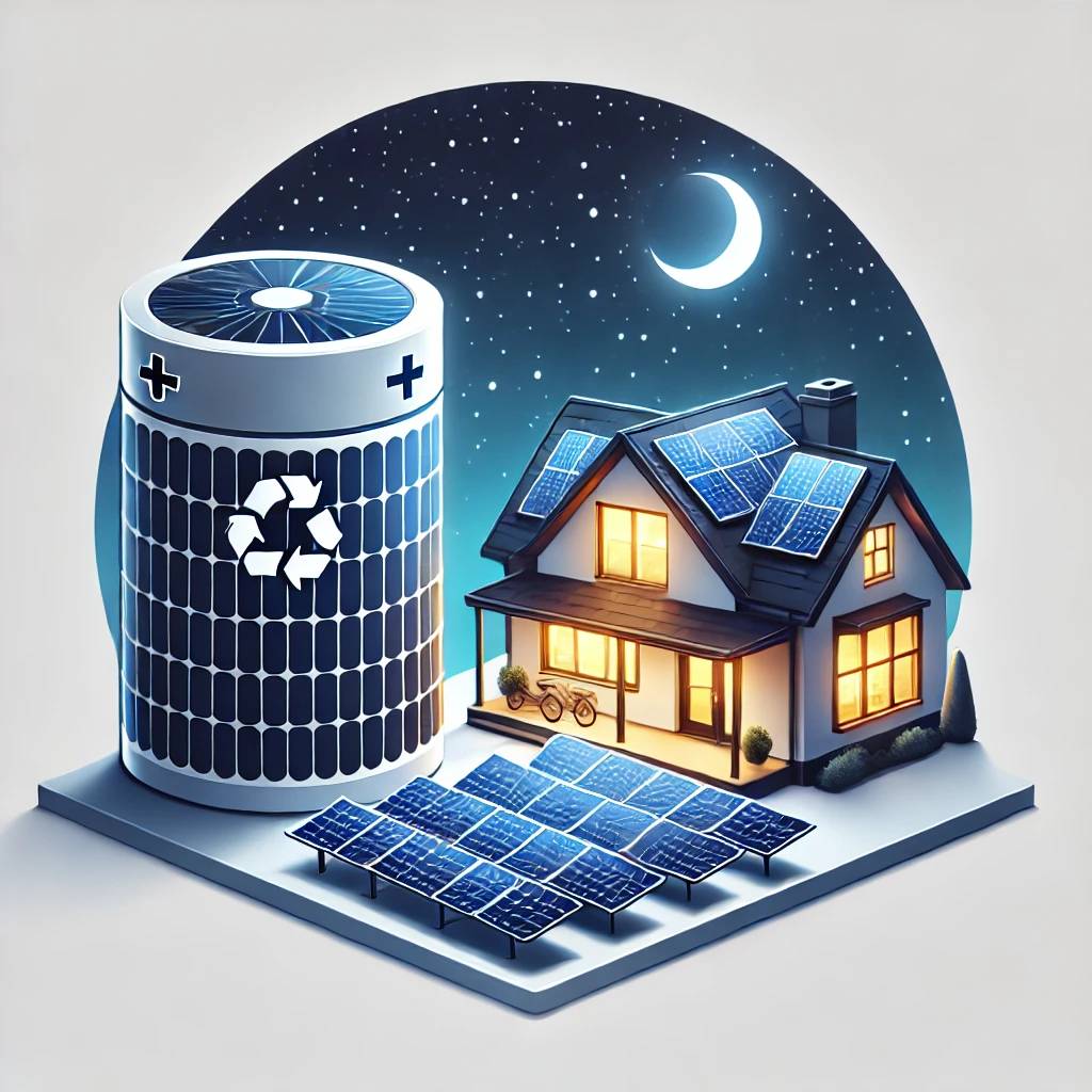 An illustration of a solar battery next to solar panels, with energy stored during the day and released at night. The image shows a house at night, wi