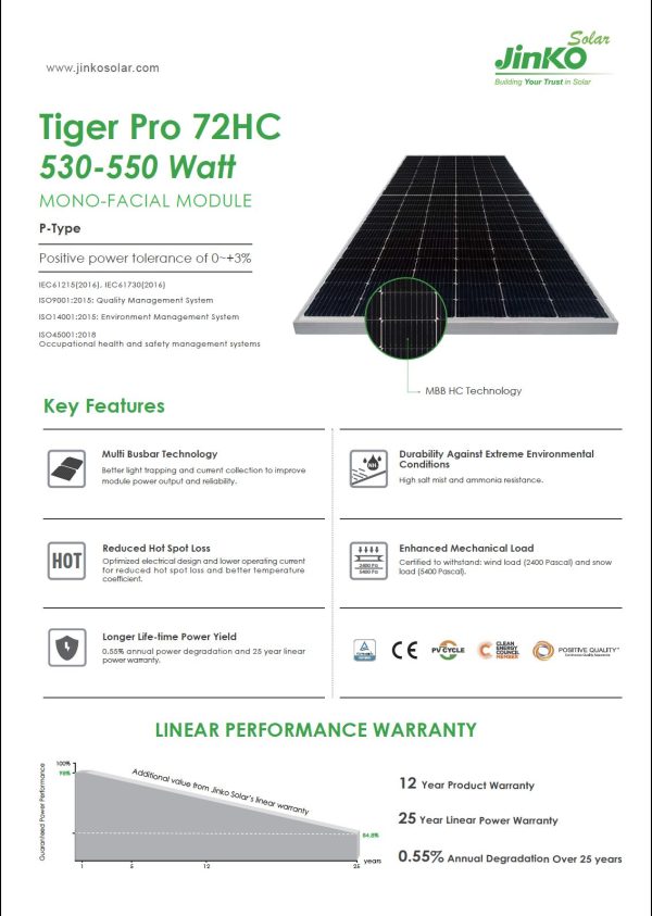 Jinko Solar Panel 530W-550W